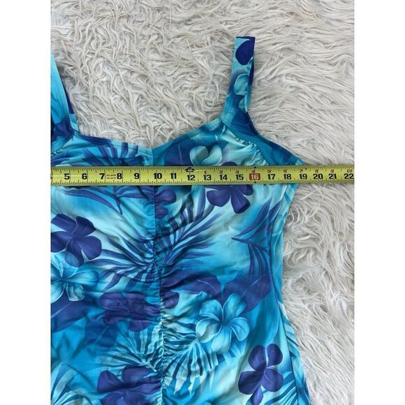 Maxine Womens Vintage Blue Tropical Floral Shirred Front One Piece Swimsuit 16 - Picture 4 of 14